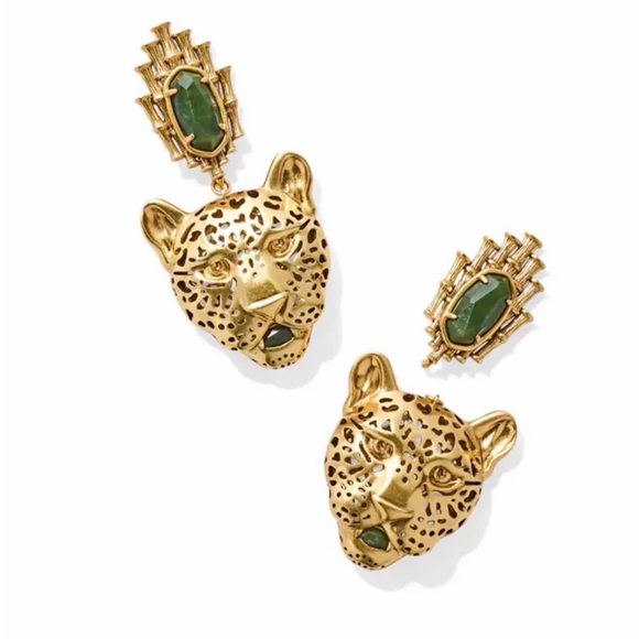 Sold Out Kendra Scott Maura Vintage Gold Jaguar Earrings in Sage Serpentine - Picture 4 of 13